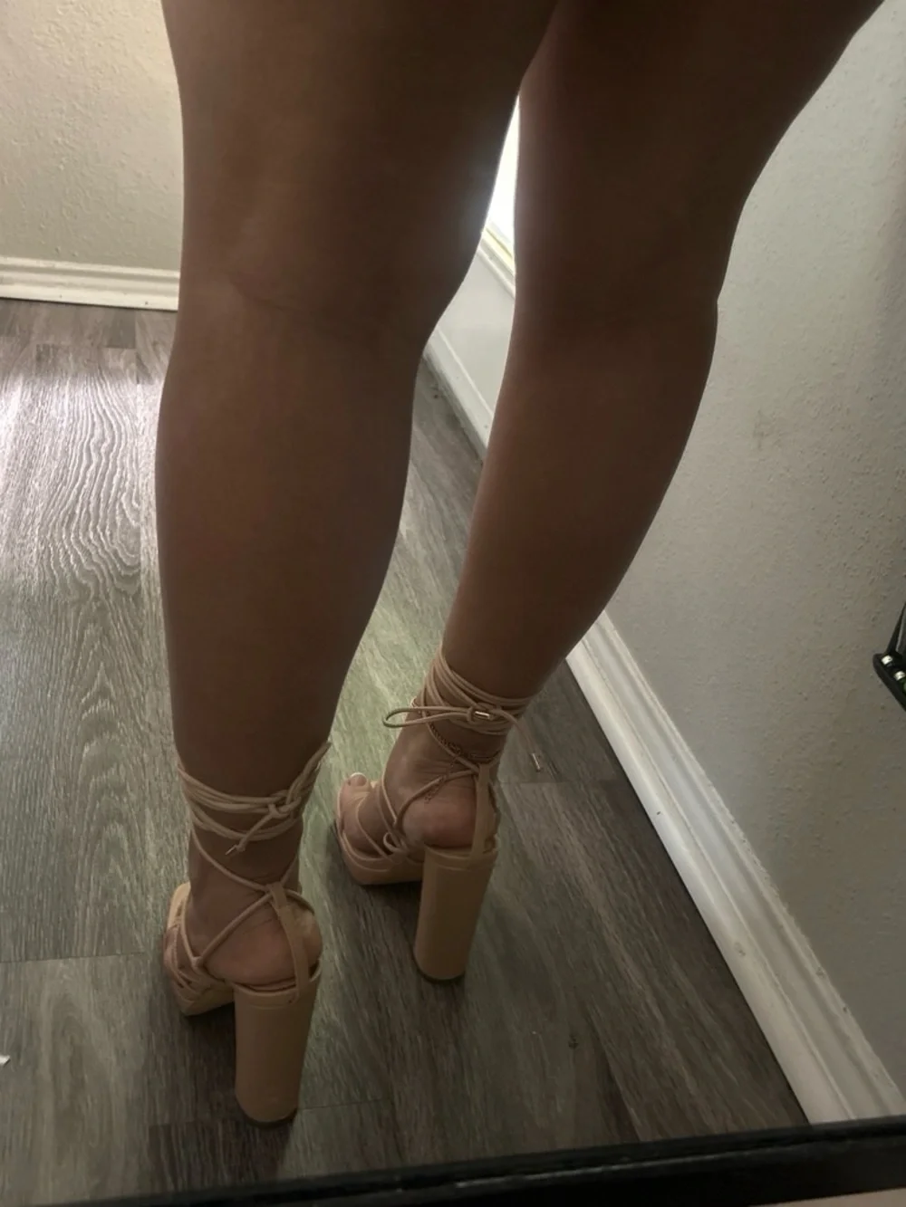 Liliana Strappy Lace-Up Square Toe Heels in Beige